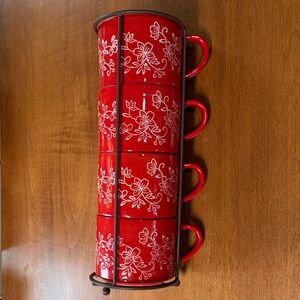 Temp-Tations Red Floral Lace Stacking Mugs with Stand